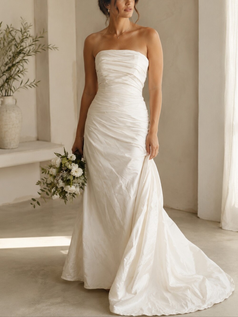 Pronovias Bridal gown Ivory silk fit and flare Strapless wedding dress size 4